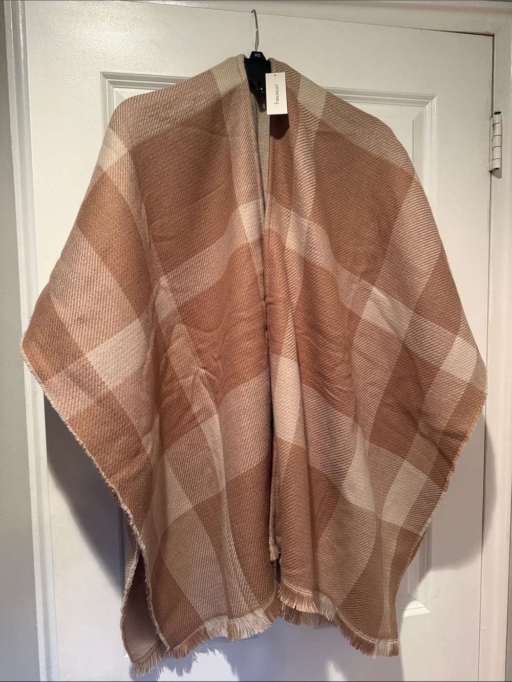 Francesca's Collections brown & Cream Plaid Fringe Cape